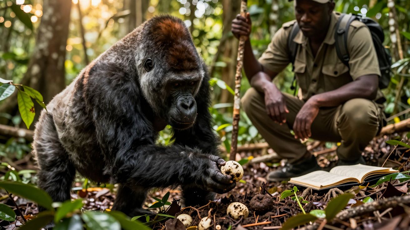 Gorila a segurar ovos no chão da floresta, perto de homem com livro aberto e cajado.