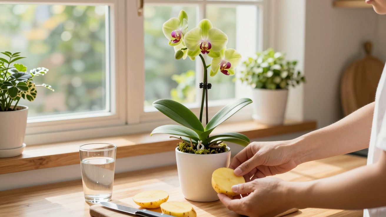 Pessoa a cortar batatas numa cozinha ao lado de orquídea amarela junto à janela com plantas em vasos.