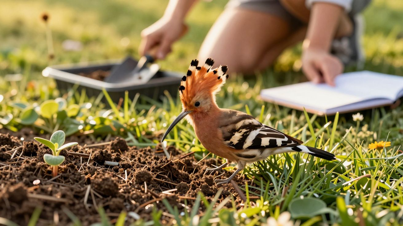 Pássaro de crista alaranjada no solo de um jardim com uma pessoa ao fundo a anotar num caderno.