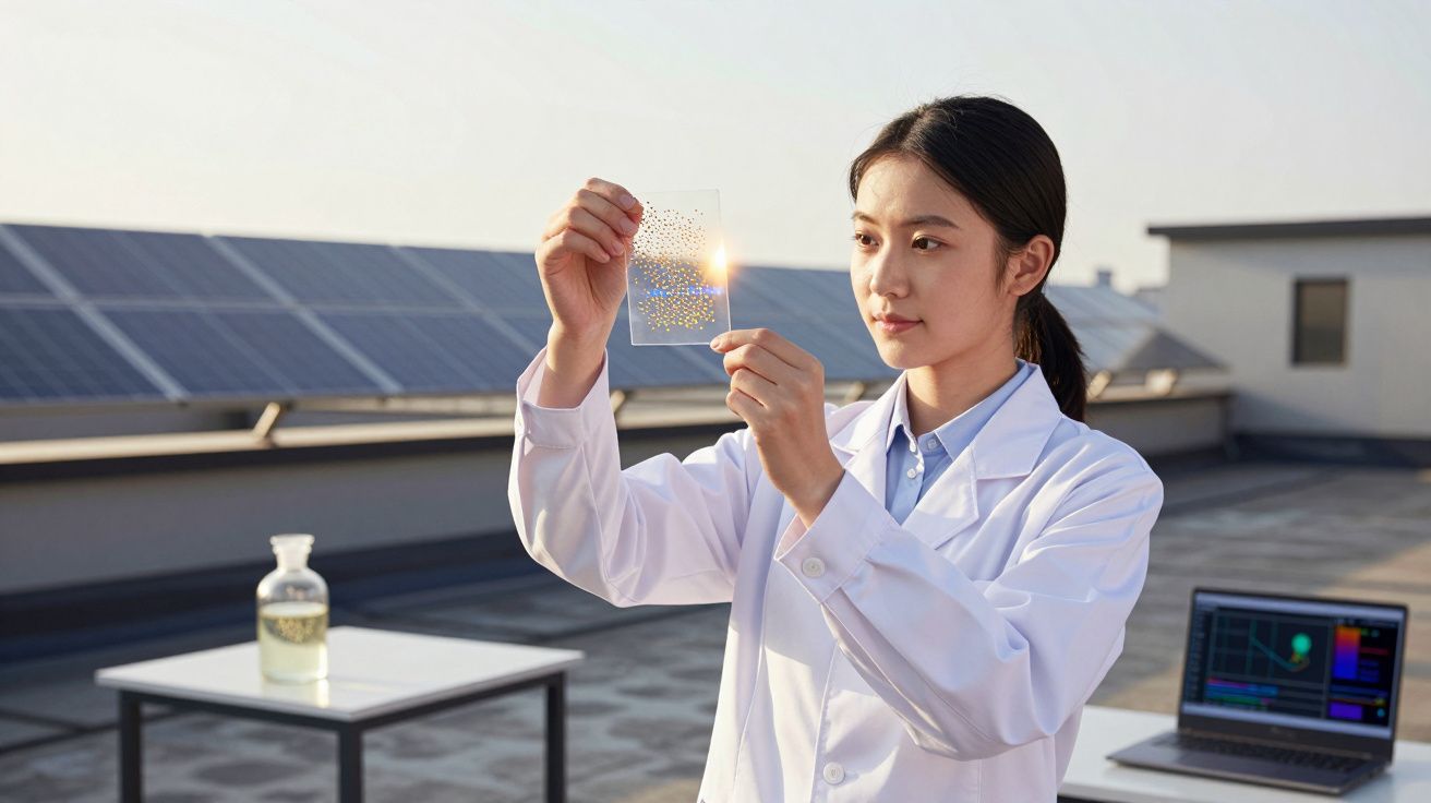 Mulher de bata branca segura vidro perfurado sob luz solar junto a painéis solares e computador portátil.