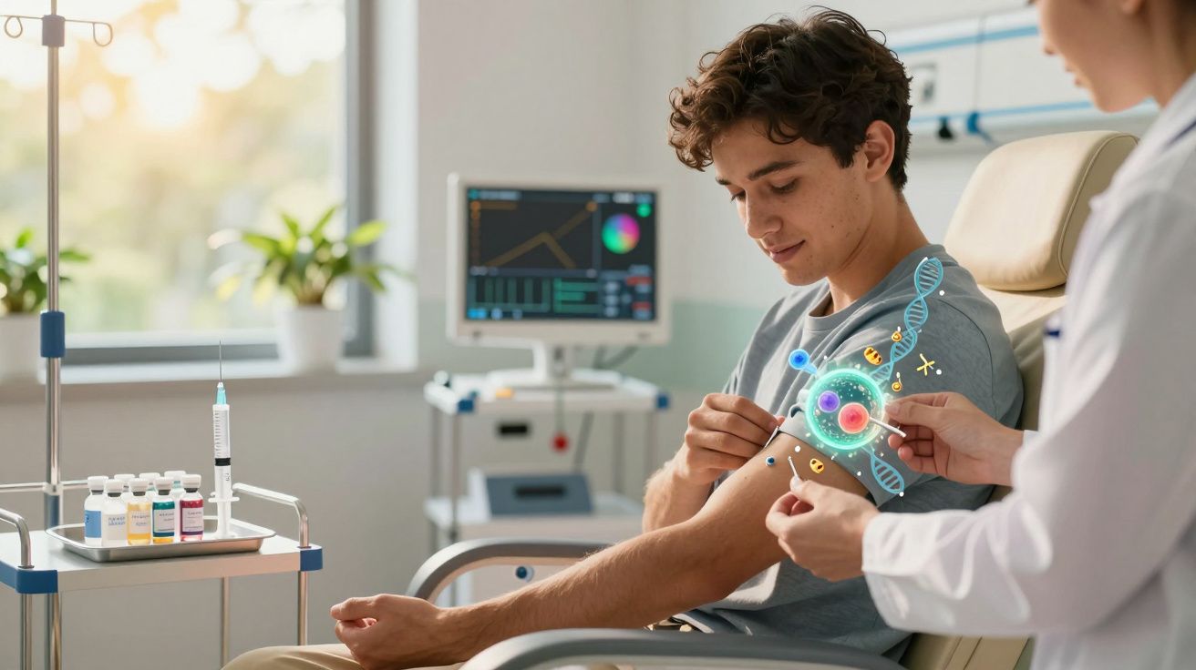 Homem jovem sentado recebe explicação sobre tratamento genético por profissional de saúde numa clínica moderna.
