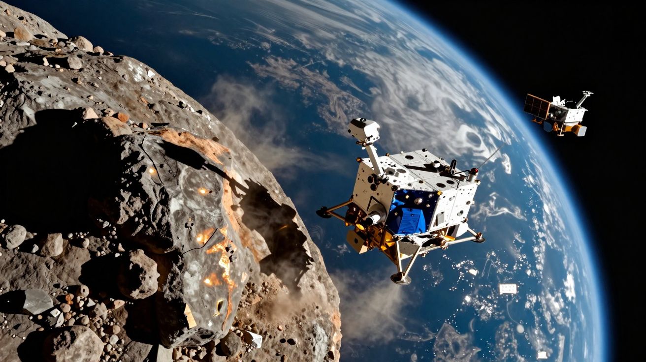 Sonda espacial próxima a um asteroide irregular com a Terra visível ao fundo no espaço sideral.