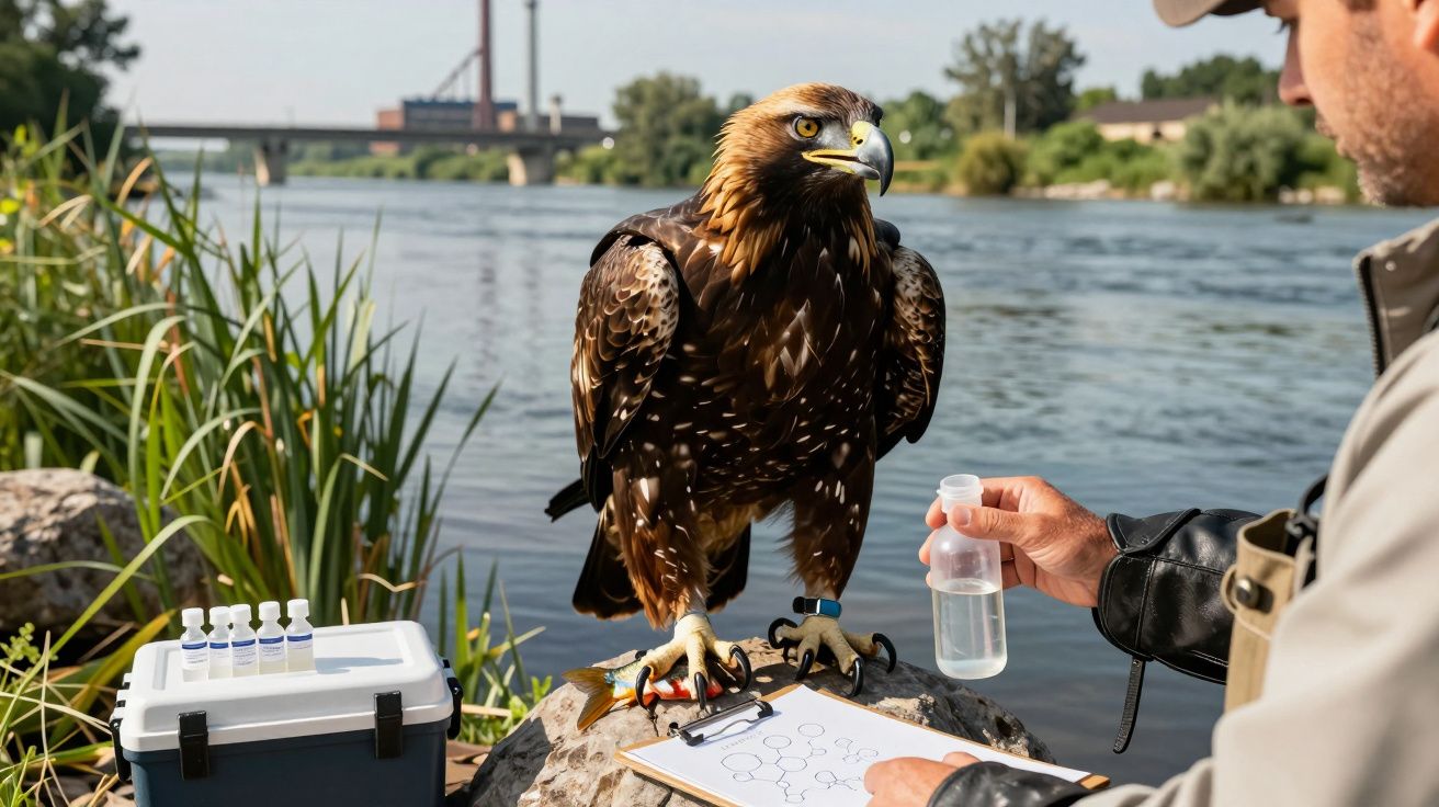 Águia dourada pousada em pedra perto de rio com homem segurando frasco e clipboard de estudos ambientais.