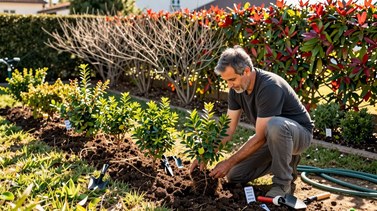 Homem a plantar uma árvore jovem num jardim com sebes e ferramentas de jardinagem.
