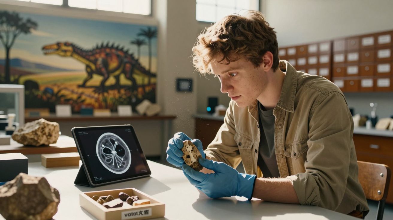 Jovem a analisar um fóssil com luvas azuis numa laboratório de paleontologia, com um tablet e outros fósseis na mesa.
