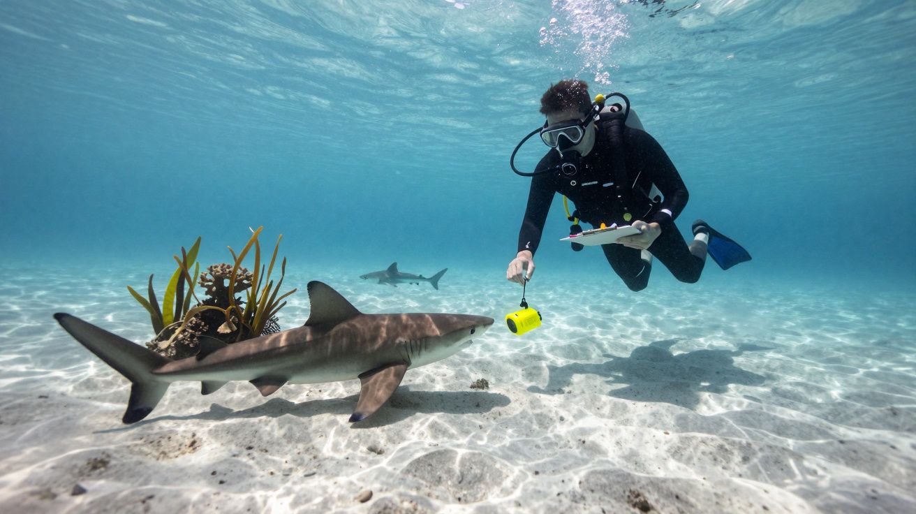 Mergulhador com equipamento completo interage com tubarão no fundo do mar de águas claras e areia branca.