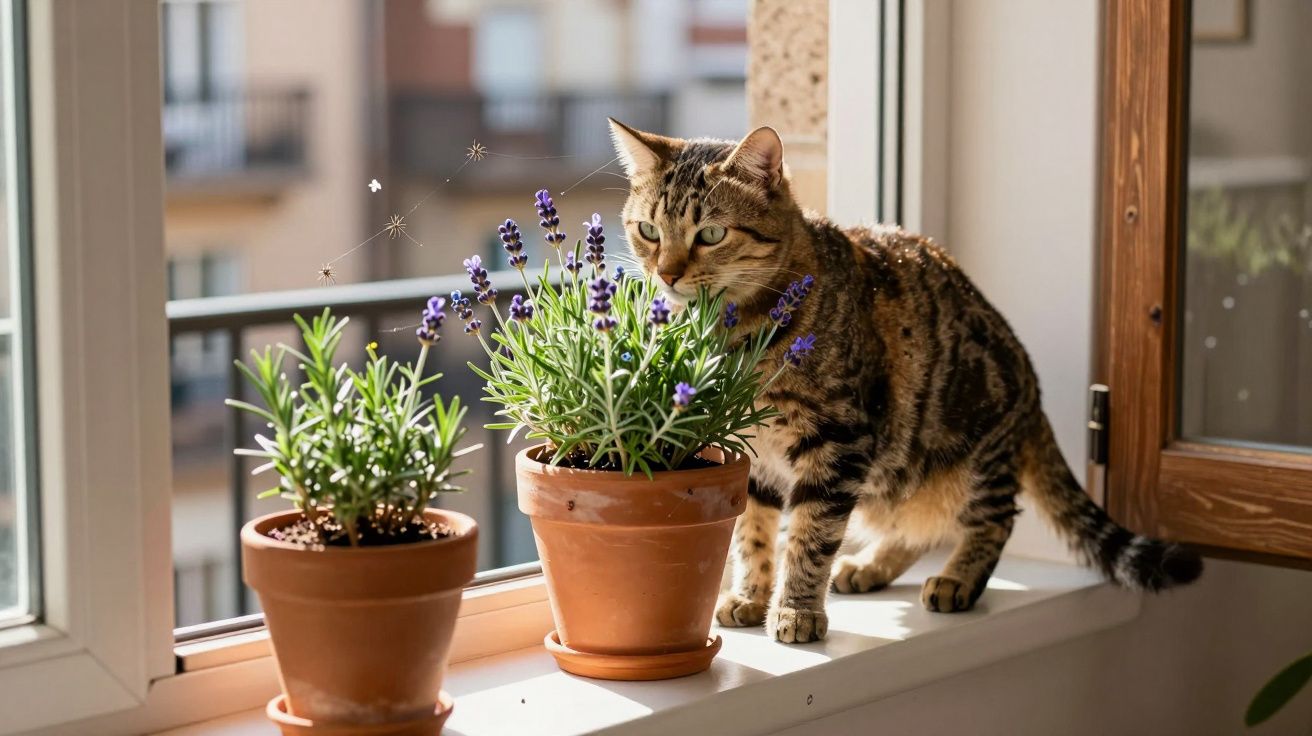 Gato tigrado cheira flores de lavanda em vasos de barro numa janela ensolarada.