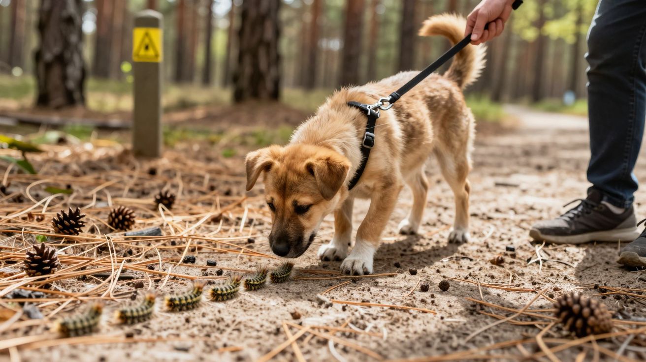 Cão com trela farejando uma fila de lagartas numa trilha de floresta coberta de pinhas e agulhas de pinheiro.