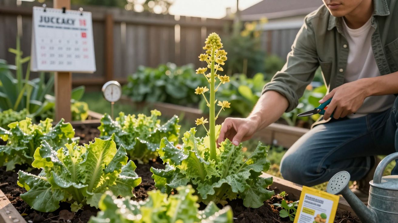 Pessoa a colher folhas de alface num canteiro de horta com flores amarelas em destaque.