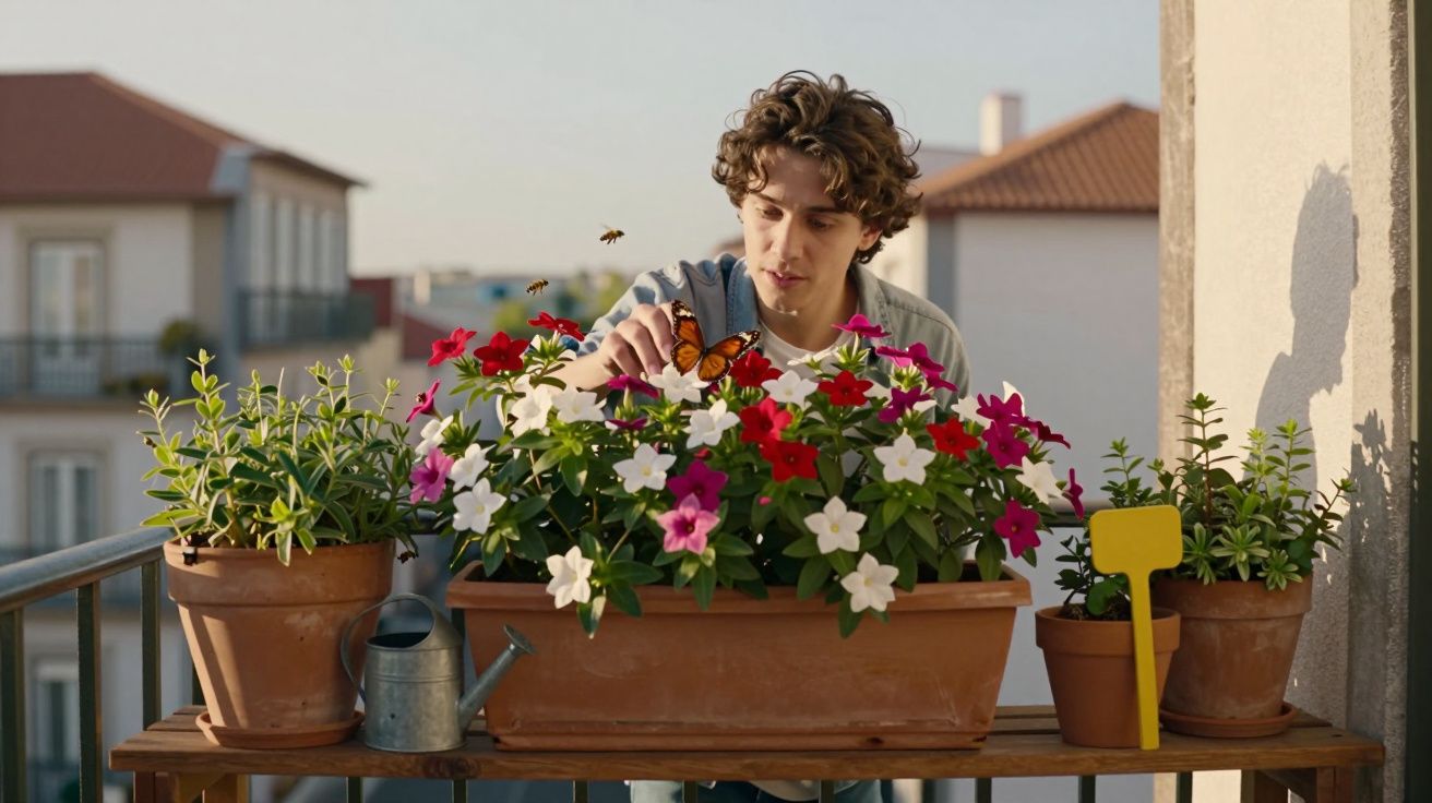 Jovem a cuidar de flores coloridas numa varanda, com gaiola de água e plantas em vasos.