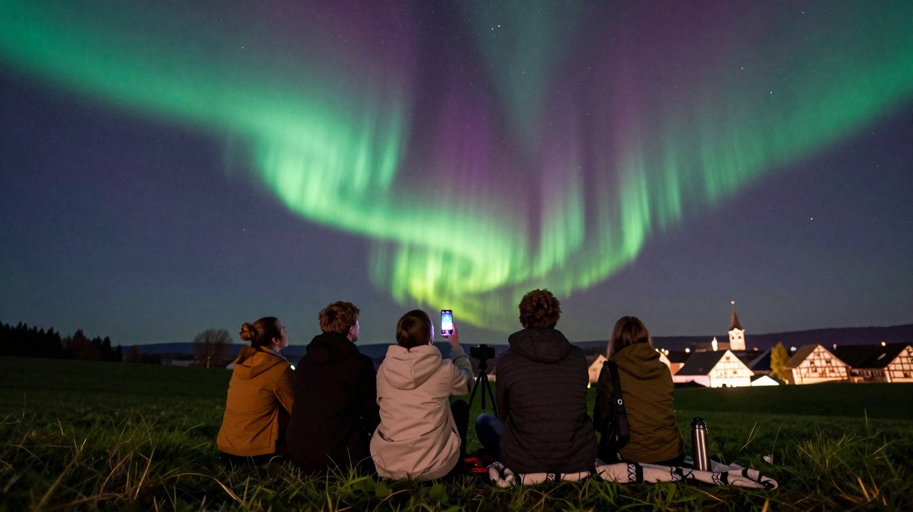 Cinco pessoas sentadas num campo à noite observam a aurora boreal verde no céu estrelado.