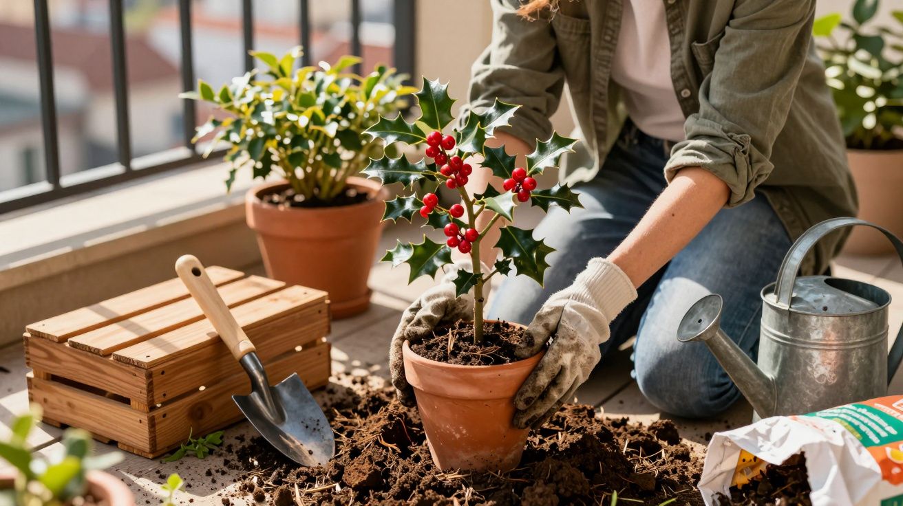 Pessoa a plantar azevinho num vaso de barro num terraço com ferramentas e regador.