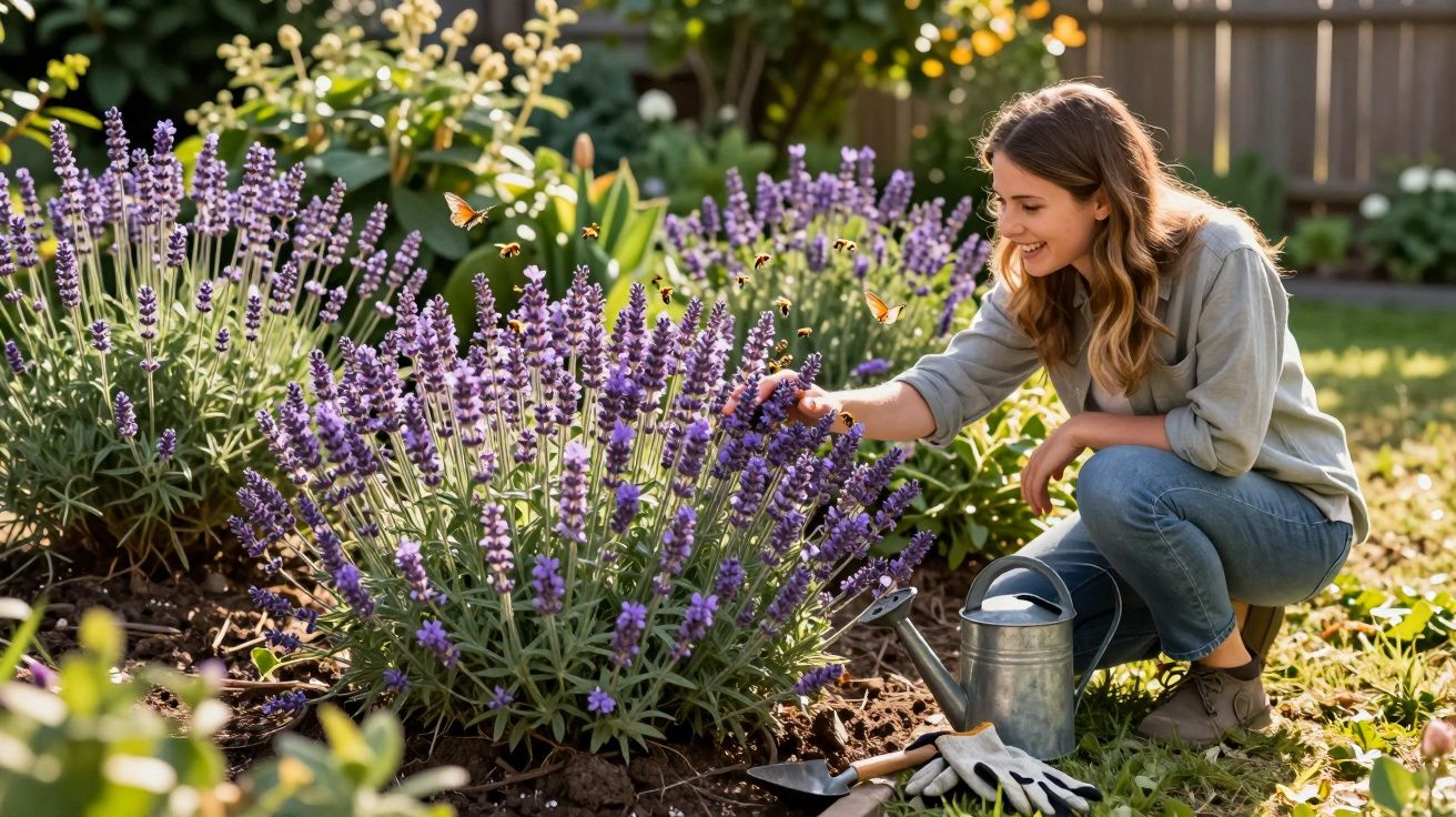Mulher sorridente cuida de lavandas num jardim, rodeada por borboletas e ferramentas de jardinagem.