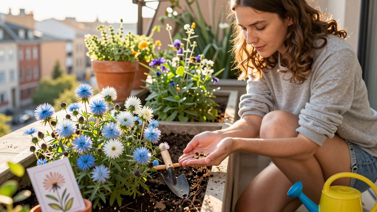 Mulher a semear sementes em vaso com flores coloridas numa varanda ensolarada.