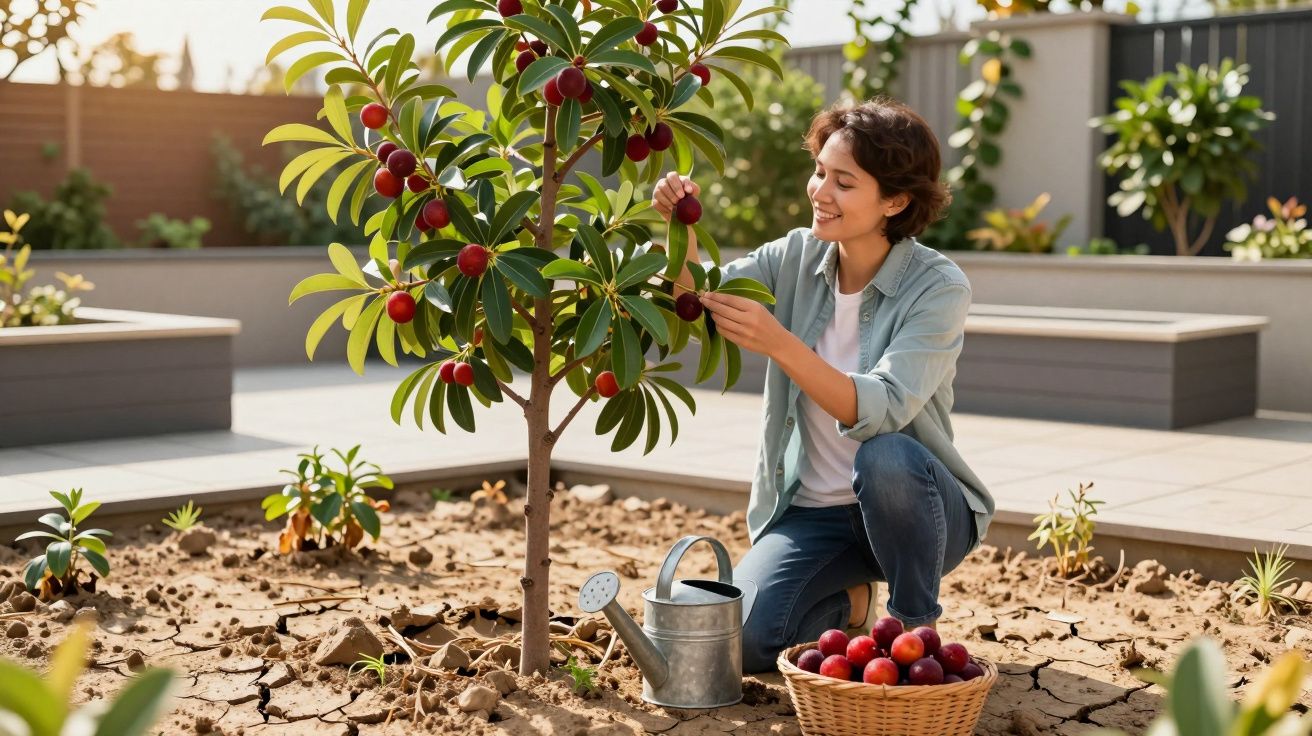 Mulher sorridente colhendo frutos vermelhos de uma árvore pequena num jardim urbano ensolarado.
