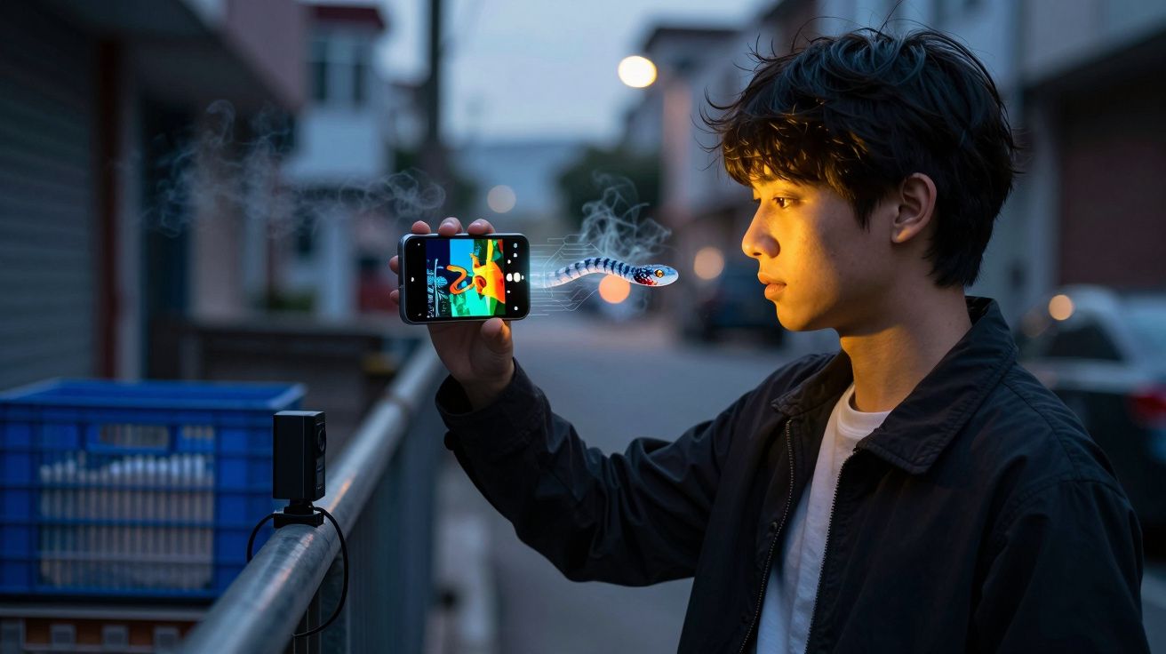 Jovem observa o ecrã de um smartphone de onde sai de forma digital uma cobra com olhos vermelhos.