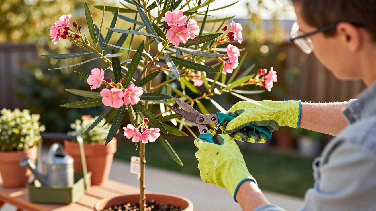 Pessoa a podar um arbusto com flores rosas num vaso de cerâmica no jardim.