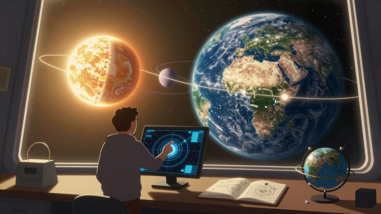 Pessoa a operar computador com sistema solar visível na janela, incluindo Terra, Sol e Lua, numa sala de controlo.