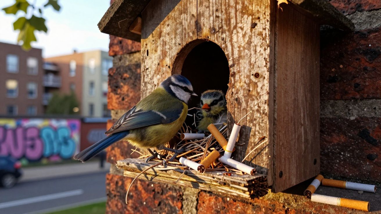 Pássaro adulto alimenta pintainho numa caixa de madeira cheia de beatas de cigarro junto a parede de tijolos.