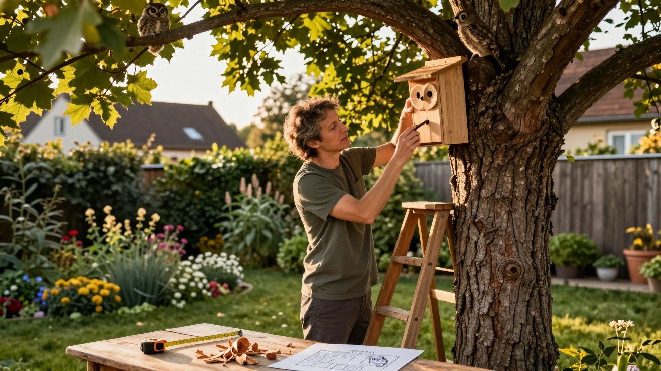 Homem instala casa para coruja numa árvore num jardim florido ao entardecer.