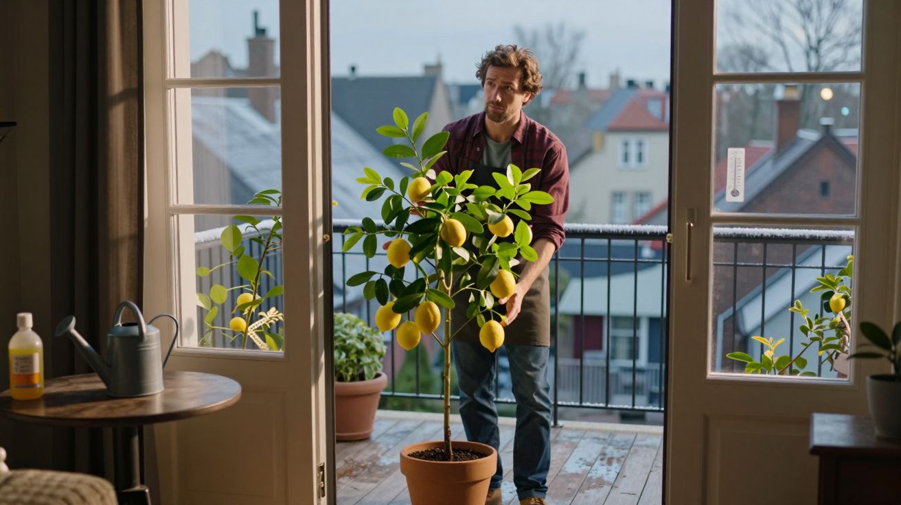 Homem a cuidar de uma planta de limão num vaso numa varanda de madeira com várias plantas.