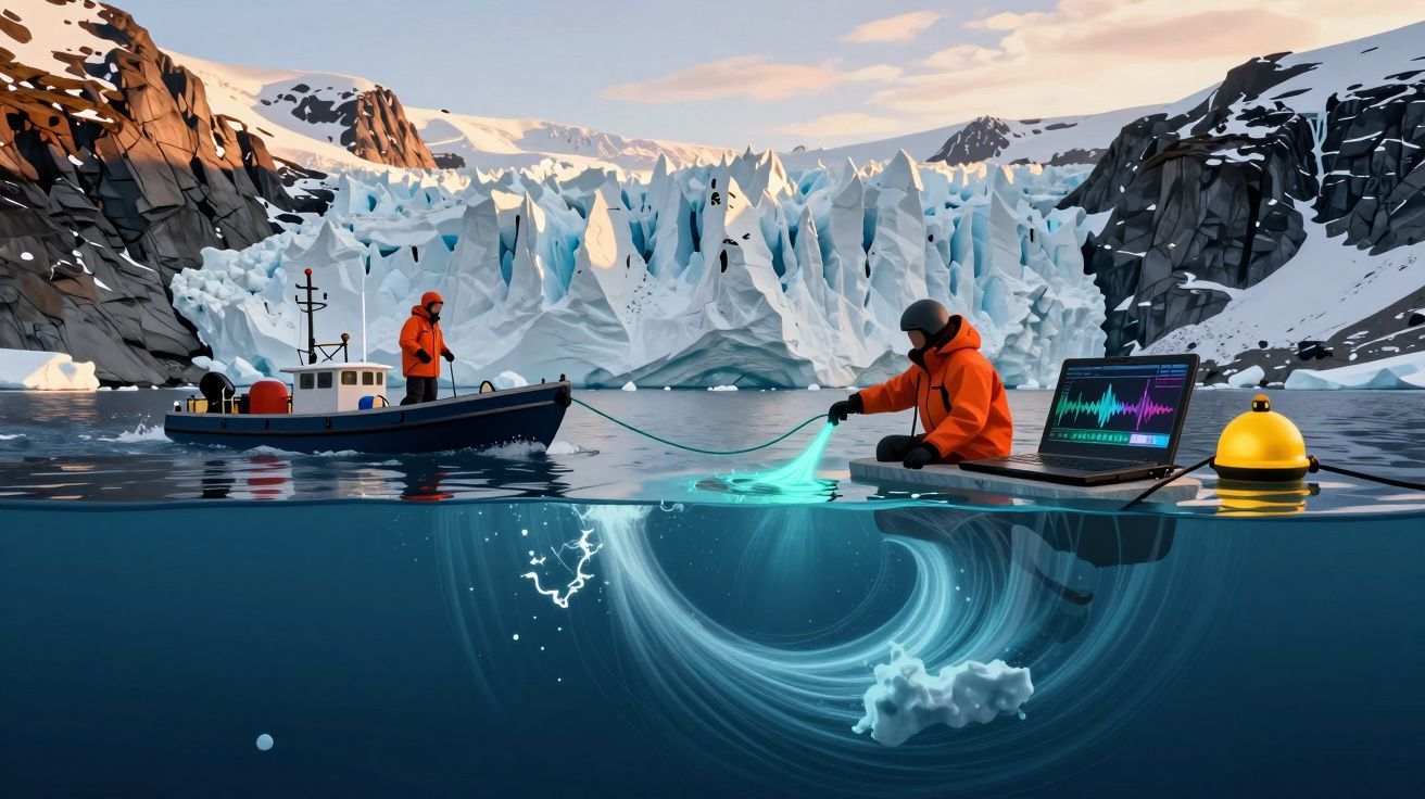 Dois investigadores em barco e bóia no Ártico, com icebergues e neve ao fundo, analisando dados em laptop.