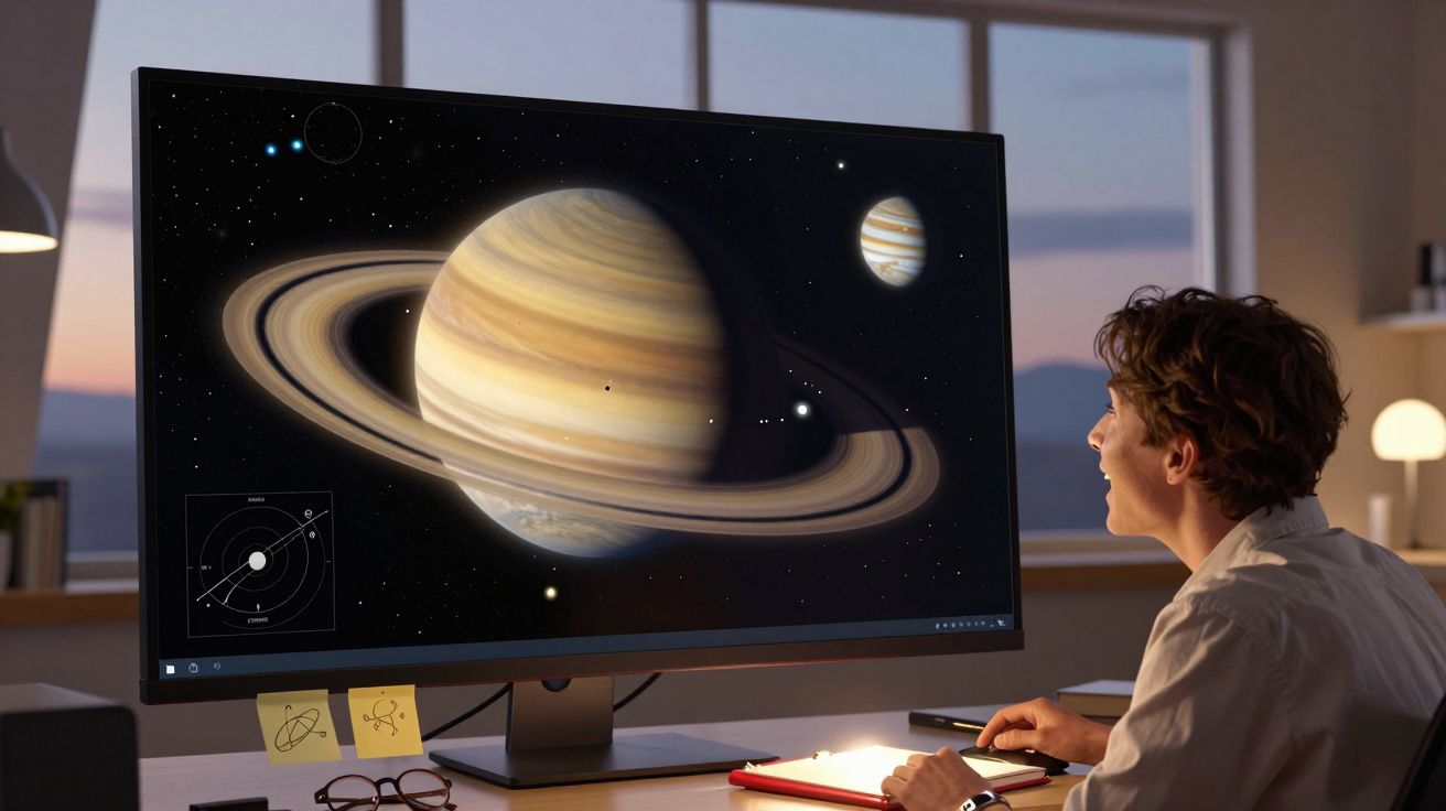 Jovem estuda um grande ecrã com imagem do planeta Saturno e sistema solar numa sala iluminada ao entardecer.