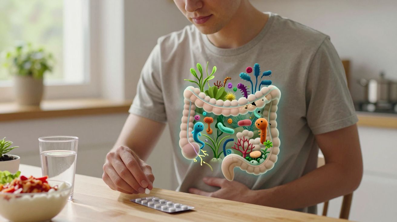 Homem a tomar medicamento com ilustração do intestino e microbiota na t-shirt cinza.