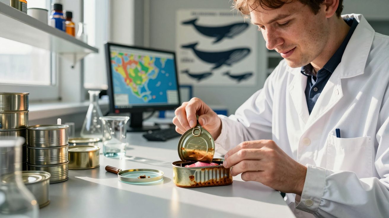 Homem com bata branca abre lata de sardinhas num laboratório com mapas e frascos no fundo.