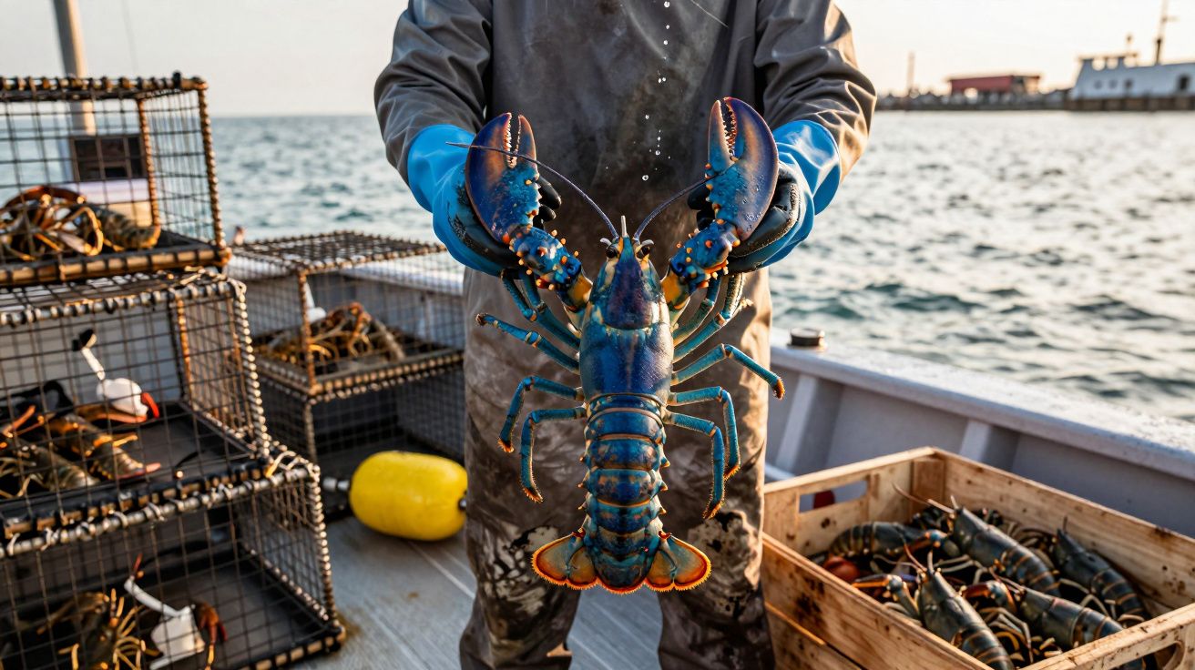 Pescador a bordo de barco segura uma lagosta azul fresca com armadilhas e caixa de lagostas ao redor.
