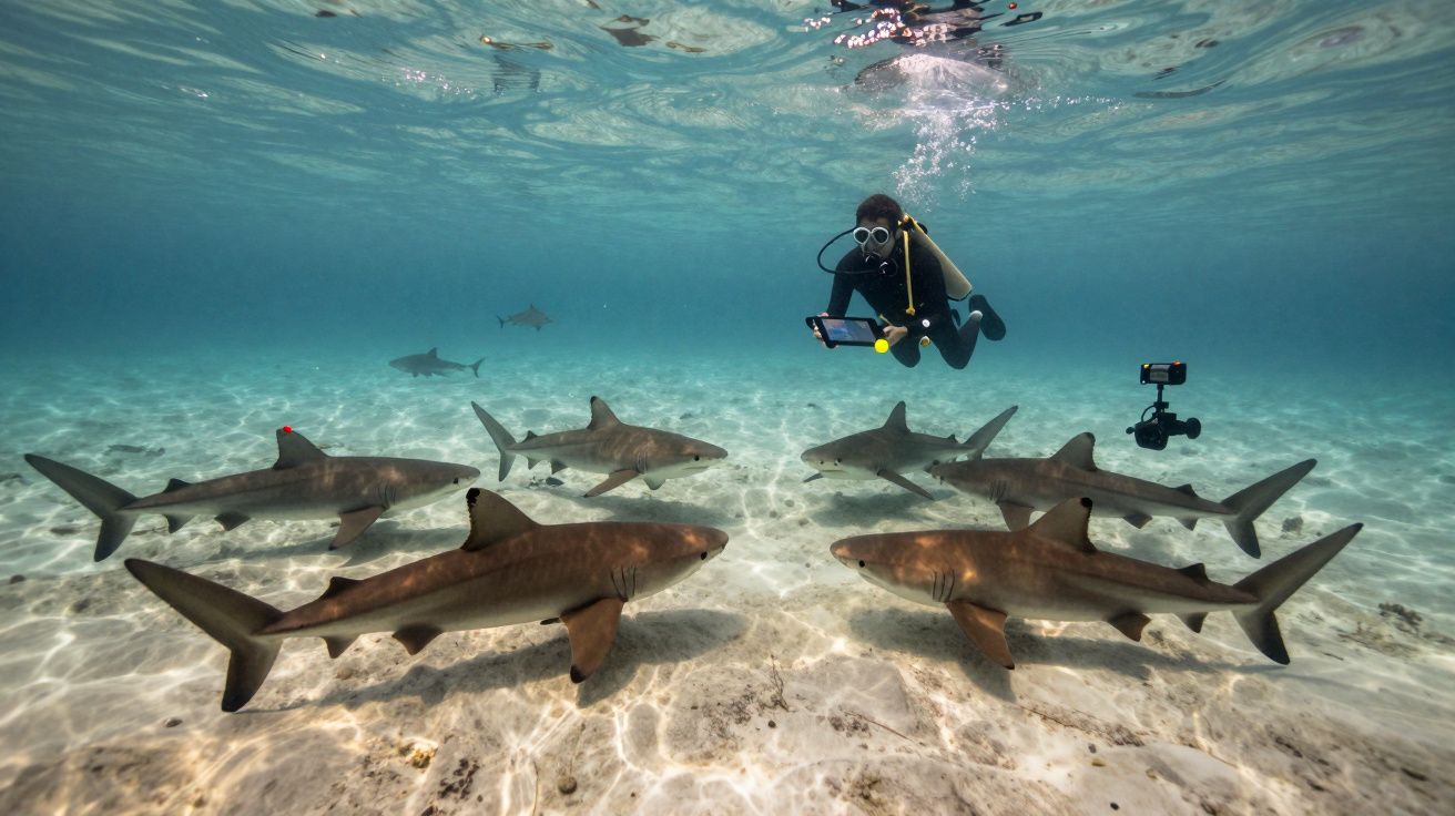 Mergulhador com equipamento a filmar vários tubarões no fundo do mar raso com areia clara.