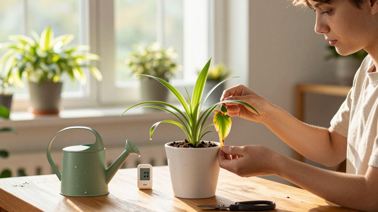 Pessoa a cuidar de planta em vaso branco, com regador verde, à luz natural junto a uma janela.