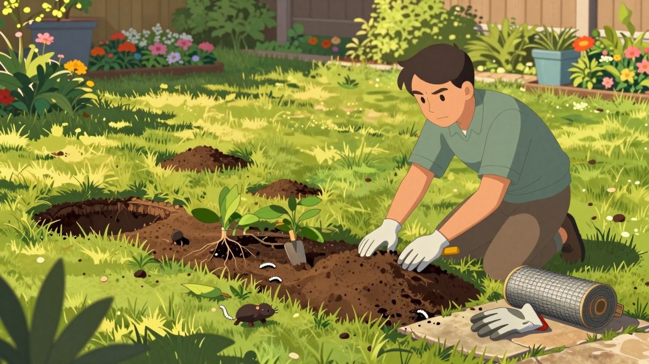 Homem a cavar e plantar numa horta, rodeado por flores e erva num jardim ensolarado.