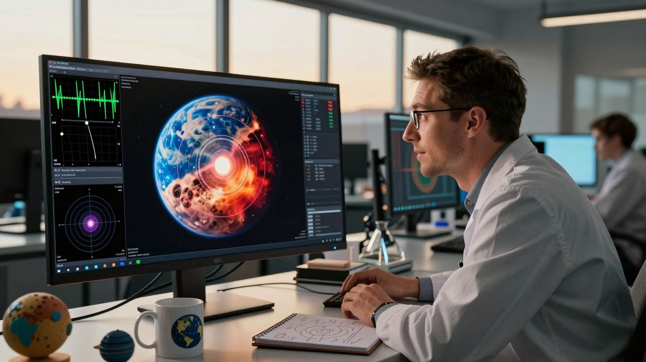 Cientista a analisar modelo digital de planeta com atividade geológica numa sala de escritório moderna.