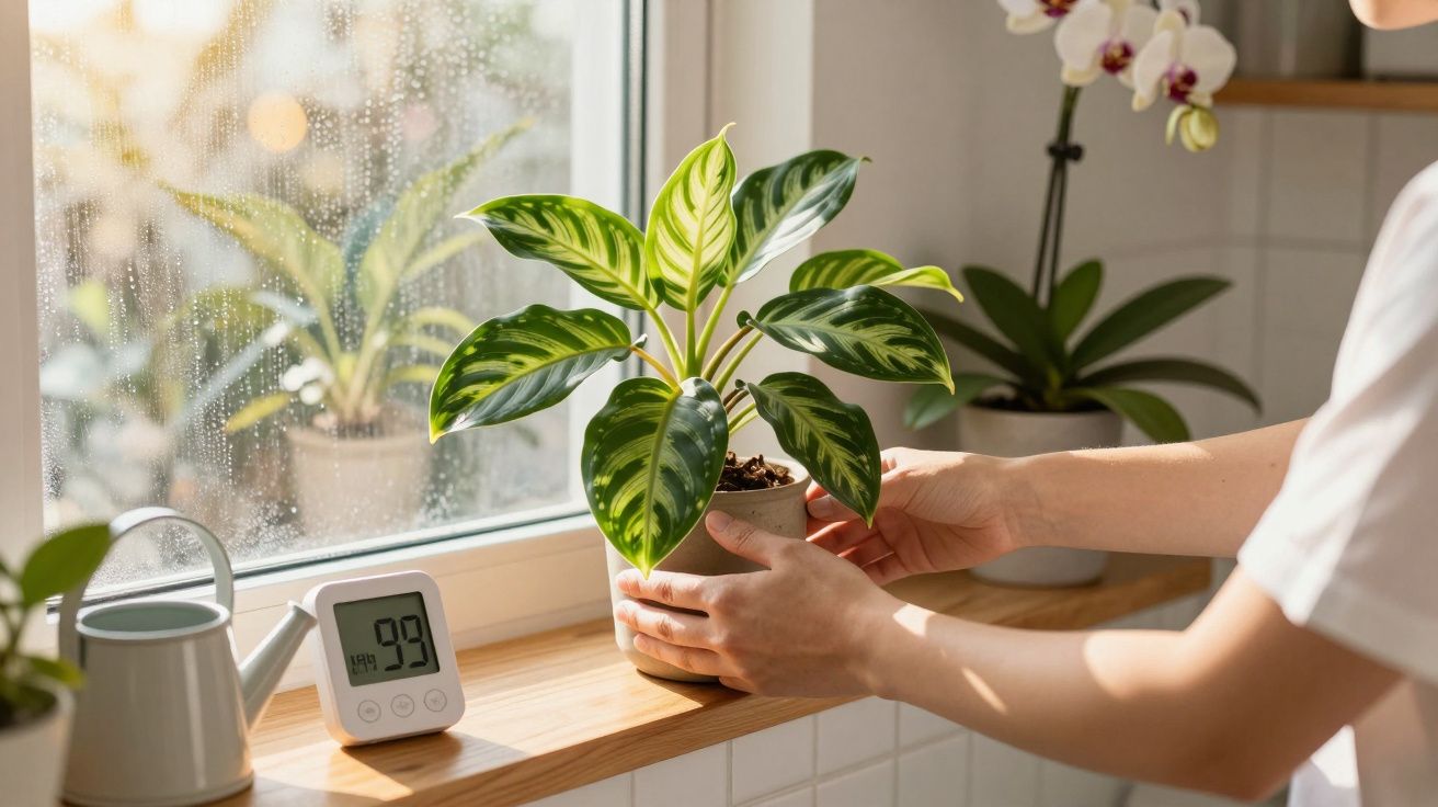 Pessoa a cuidar de planta num vaso junto a janela com higrómetro a mostrar 99% de humidade.