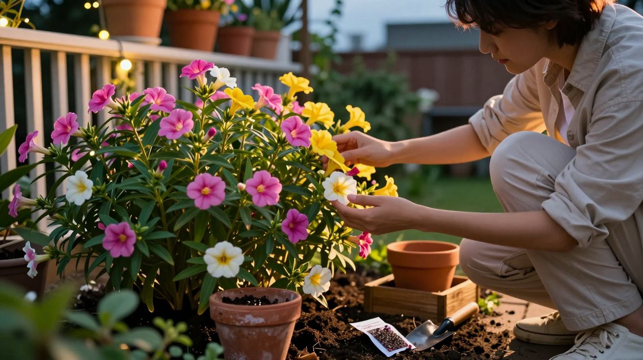 Pessoa a cuidar de flores coloridas num jardim com vasos de barro e ferramentas de jardinagem.