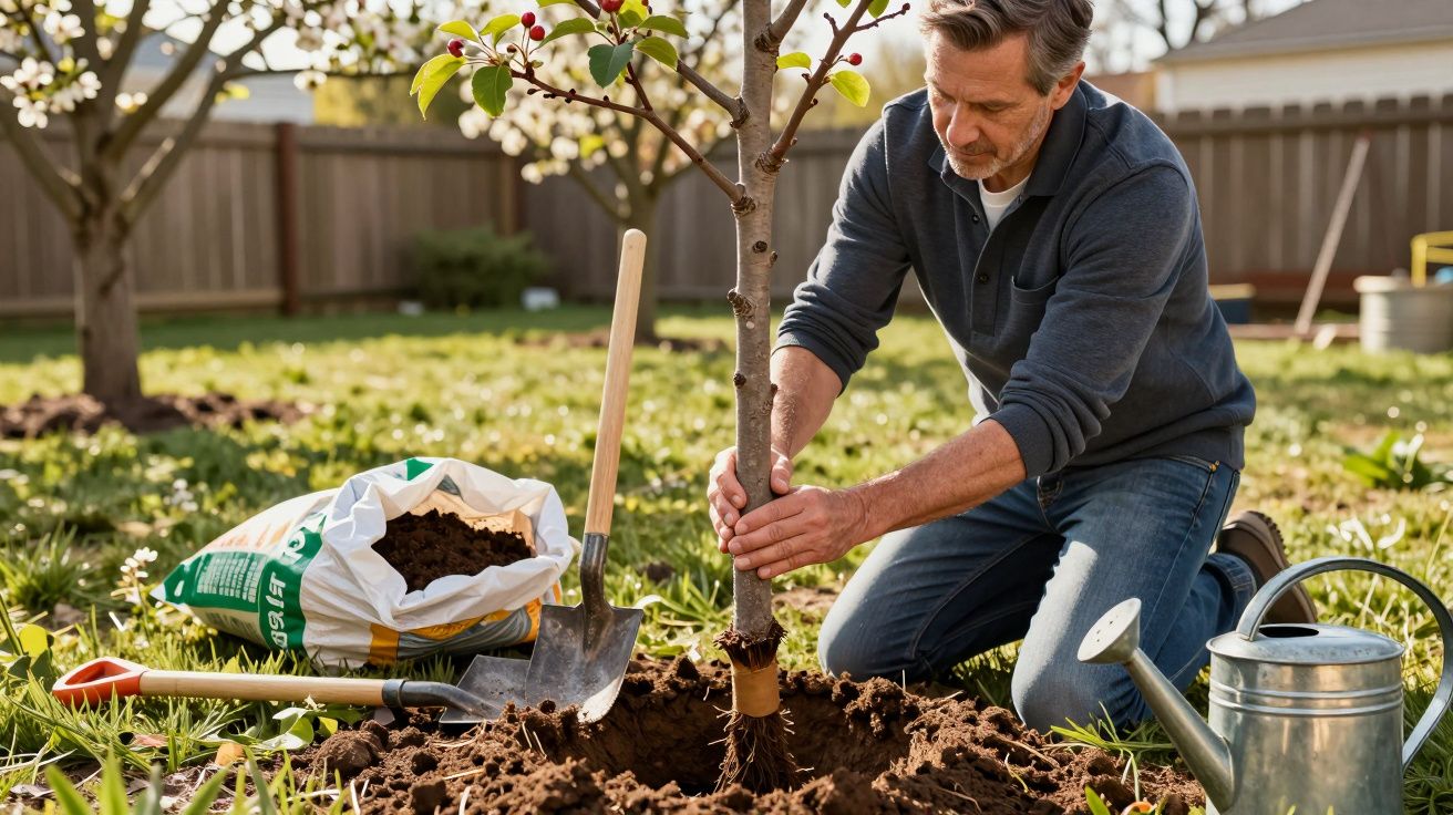 Homem a plantar uma árvore jovem num jardim, com pá, terra e regador ao lado.