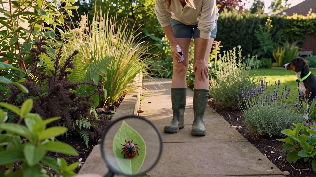 Mão segura lupa a focar joaninha numa folha, com mulher de botas e cão no jardim ao fundo.