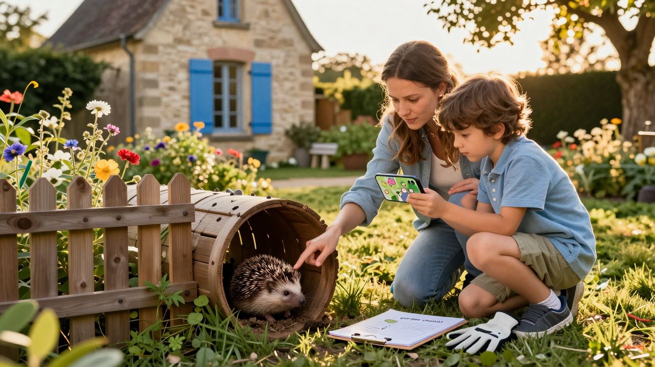 Mulher e menino observam e fotografam um ouriço na relva junto a casa de campo e flores.