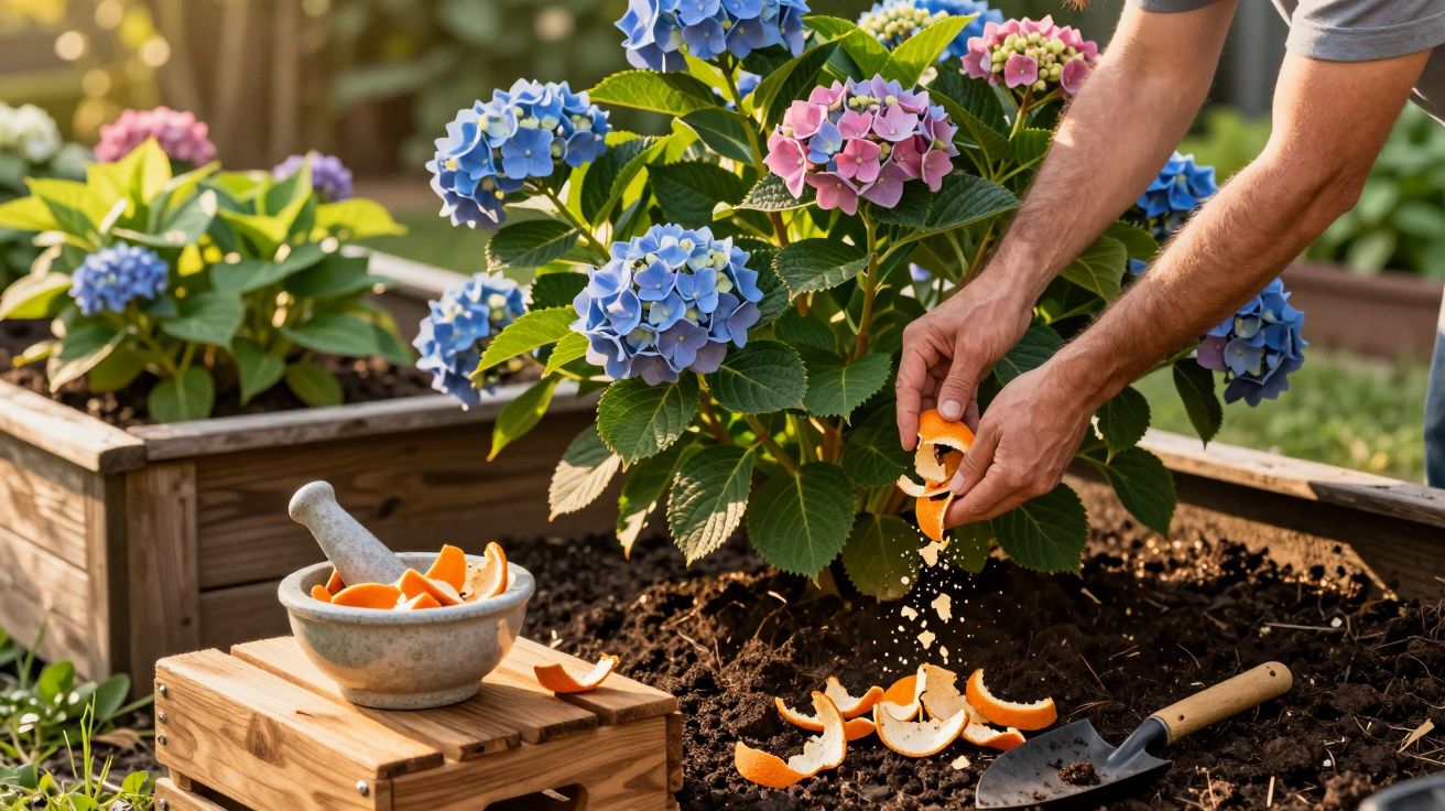 Pessoa a espalhar cascas de laranja no solo junto a planta de hortênsias em canteiro de madeira.
