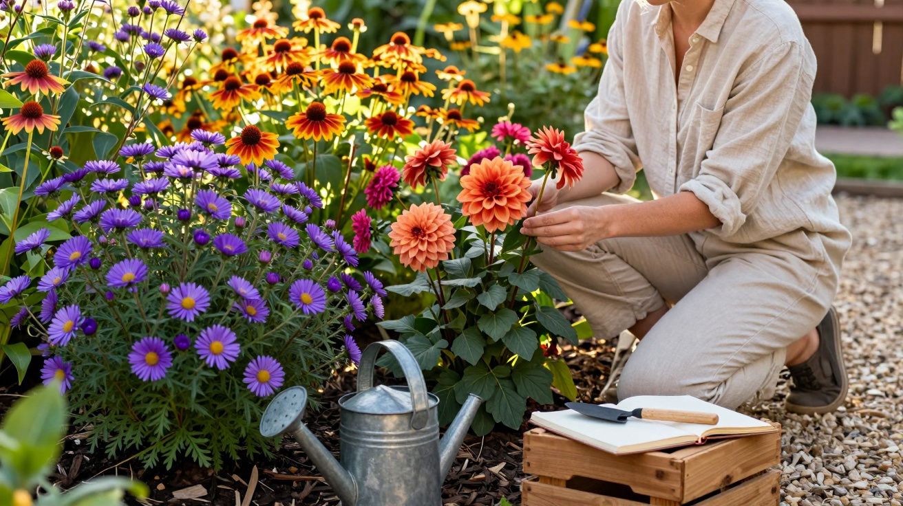 Pessoa a cuidar de flores coloridas num jardim, com regador e bloco de notas ao lado.