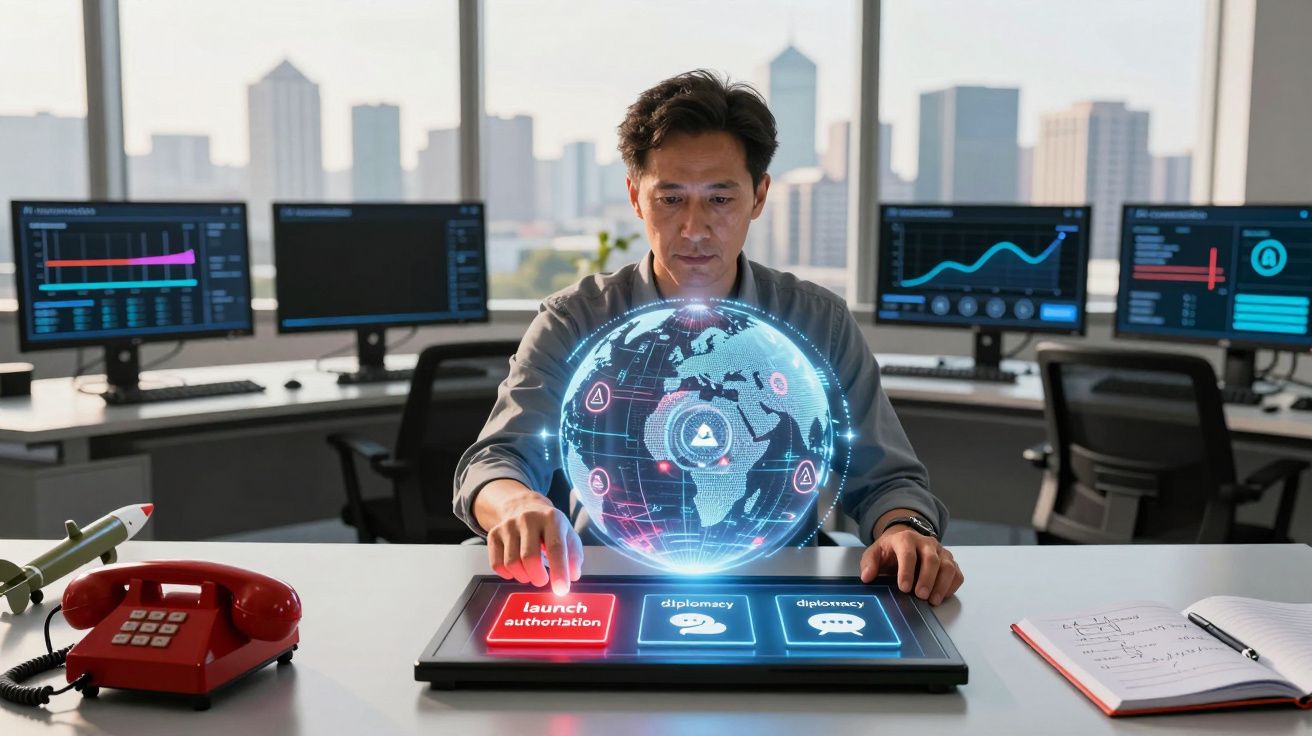 Homem sentado em escritório a interagir com ecrã táctil que exibe mapa digital com opções de lançamento e diplomacia.