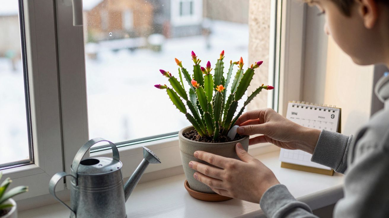 Pessoa a cuidar de um cactus com pequenas flores num vaso junto a uma janela com regador metálico ao lado.