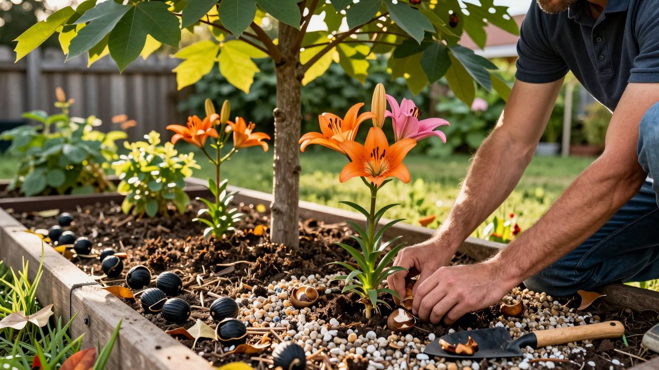 Pessoa a plantar lírios laranja e rosa numa cama elevada de jardim com terra e pedrinhas brancas.