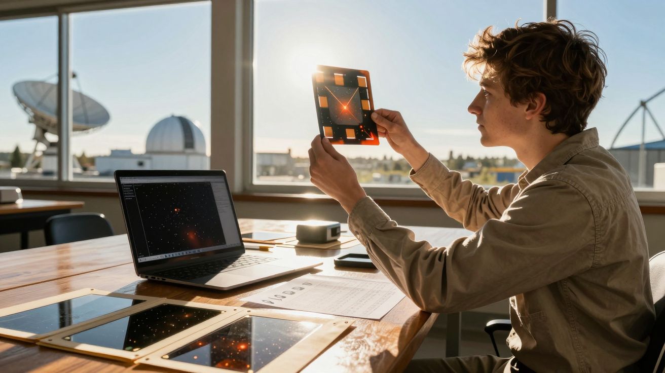 Homem analisa dados em placas fotovoltaicas à luz do dia num escritório com vista para antenas parabólicas.