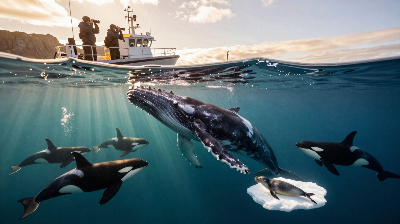 Baleia, orcas e foca sobre icebergue com barco e pessoas a fotografar ao fundo.