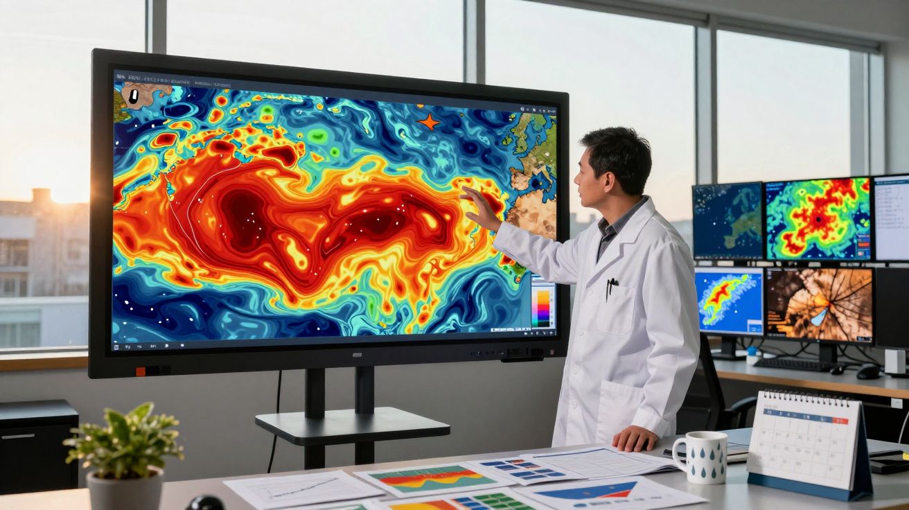 Cientista em bata branca analisa mapas térmicos coloridos num ecrã grande num escritório moderno.
