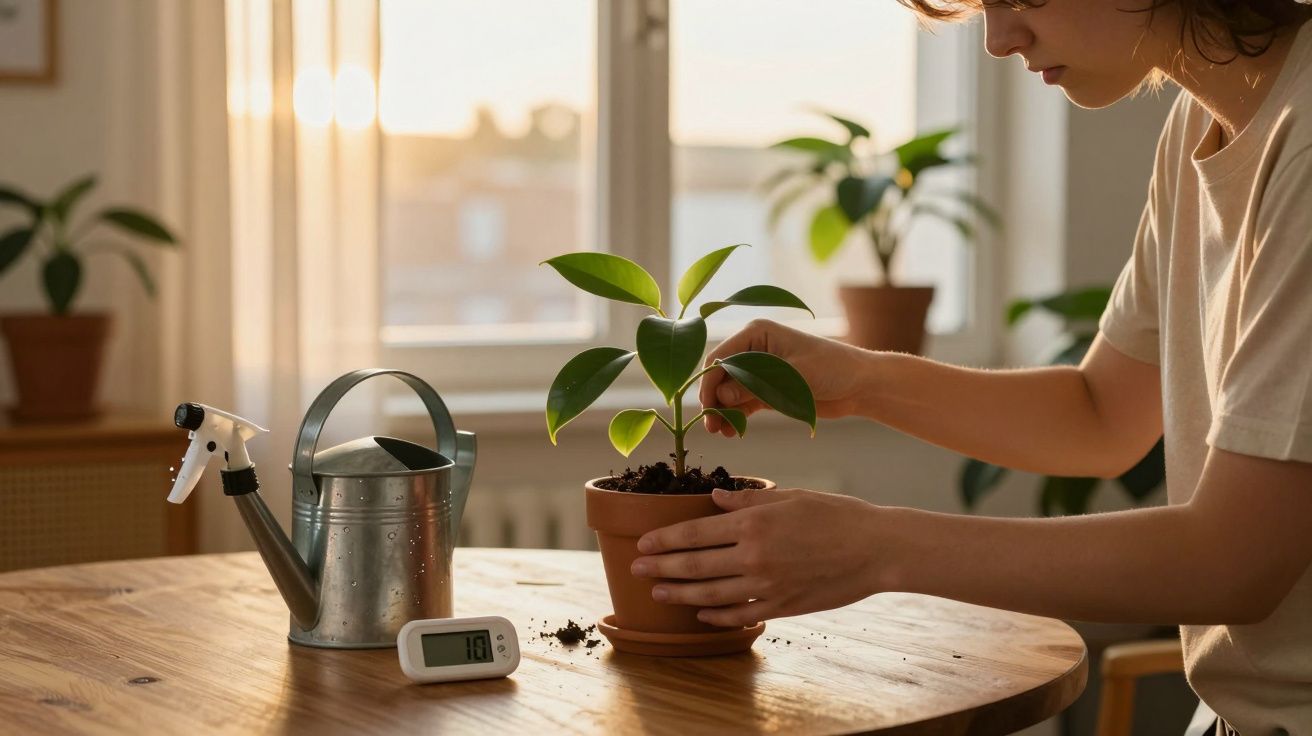 Pessoa a cuidar de planta em vaso sobre mesa de madeira com regador e termómetro digital ao lado.