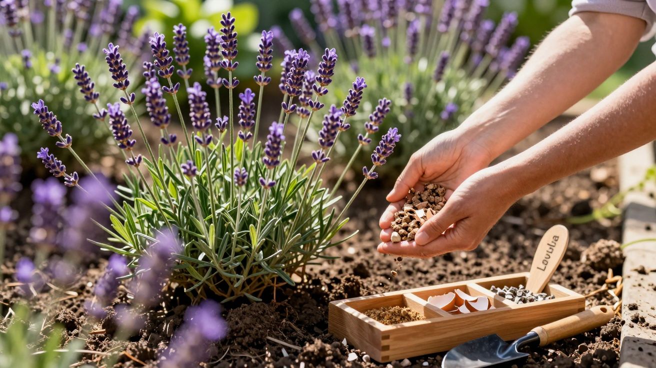 Mãos a plantar sementes junto a plantas de lavanda num jardim ensolarado.
