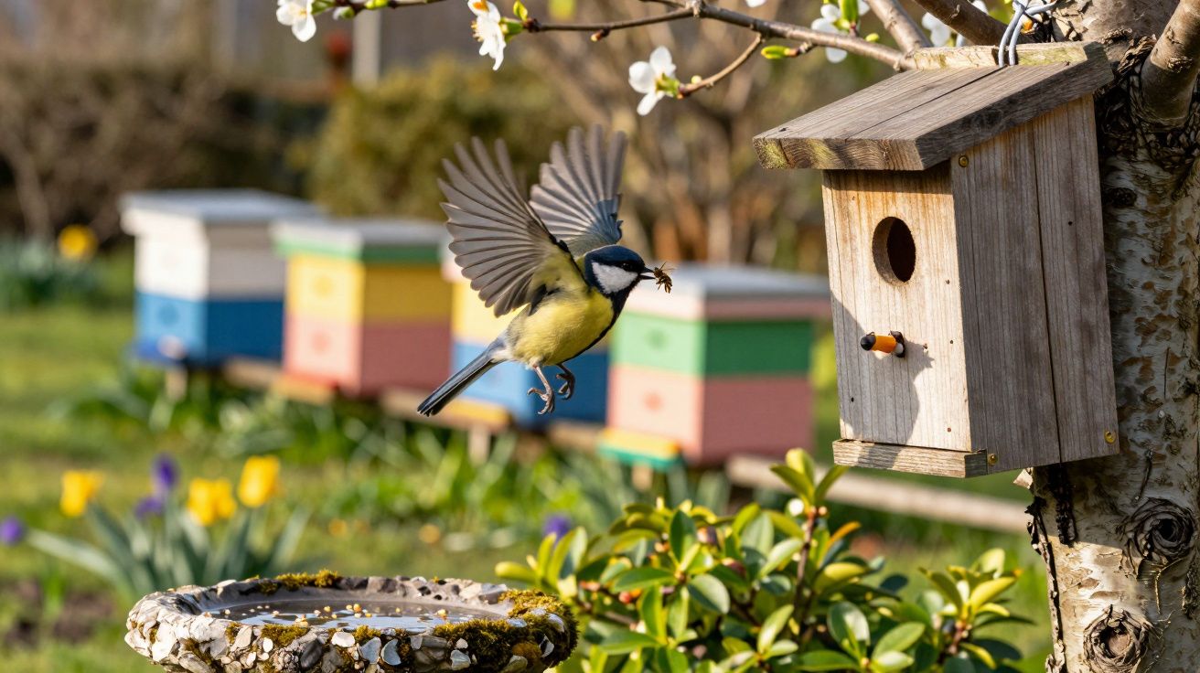 Pássaro com inseto no bico voa em direção a casa de madeira num jardim com flores e colmeias coloridas.